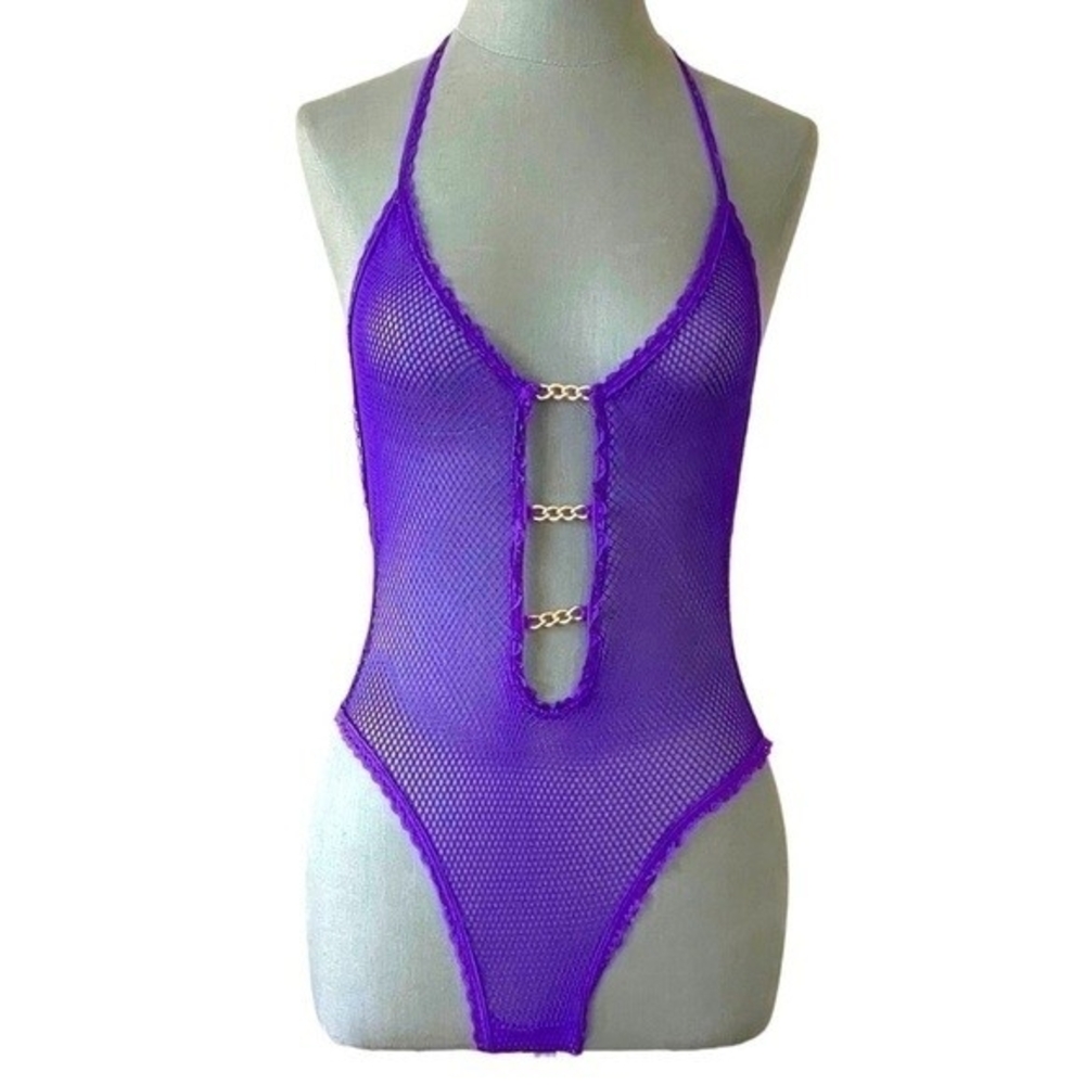 Seduction Sexy Lace Boudoir Bodysuit Purple Gold Chain Accent XS-M Stretchy NWOT - Picture 2 of 5